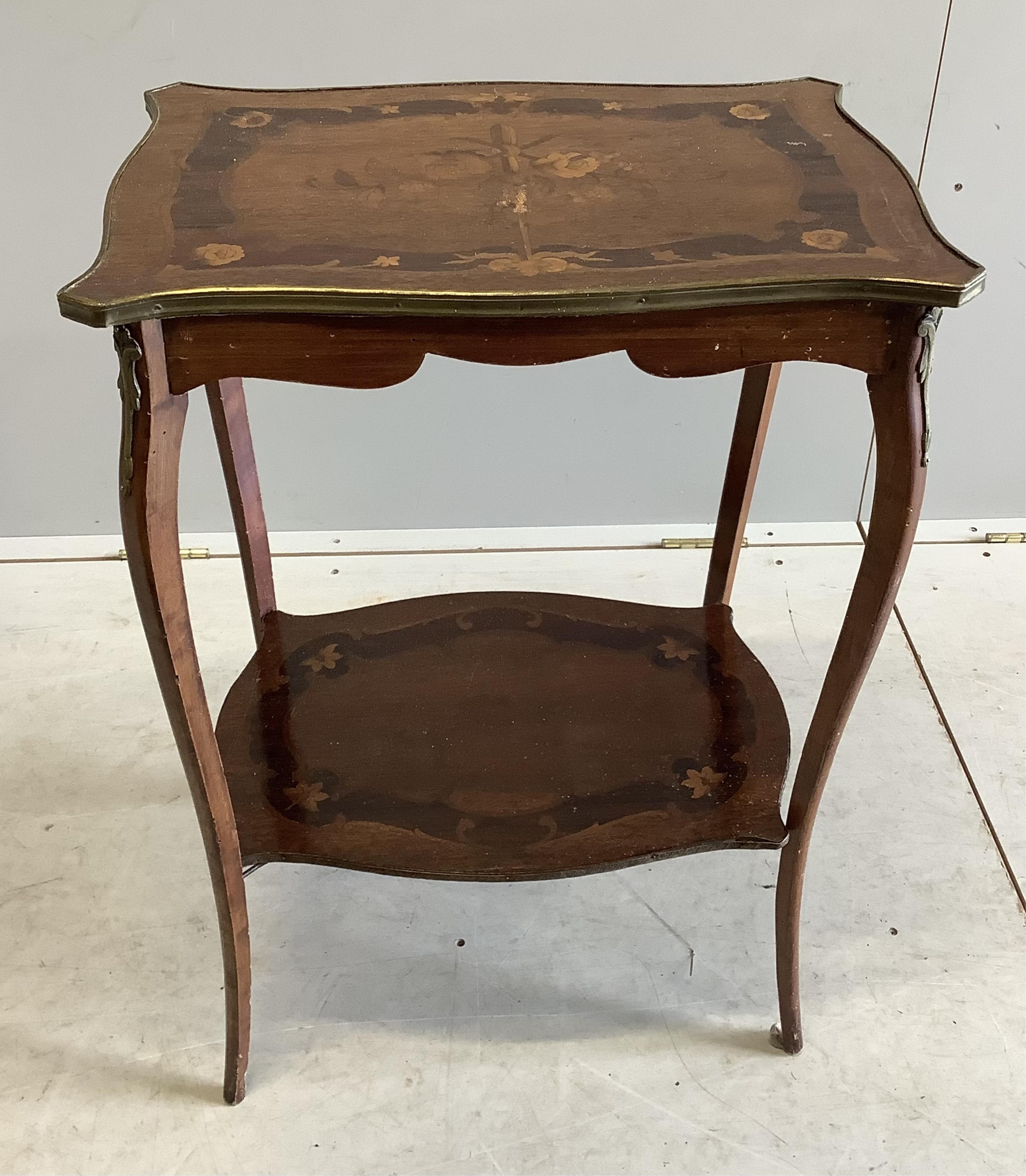 A 19th century French marquetry inlaid and gilt metal mounted kingwood two tier occasional table, width 52cm, depth 37cm, height 72cm together with a small French inlaid kingwood bedside chest. Condition - poor to fair